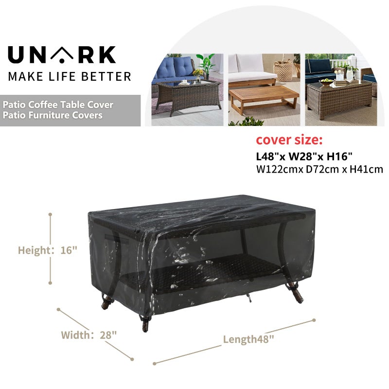 UNARK Outdoor Patio Coffee Table Cover, 600D Waterproof Heavy Duty Outdoor Table Cover, Patio Furniture Covers 48 x 28 x 16 inches Black - Image 2